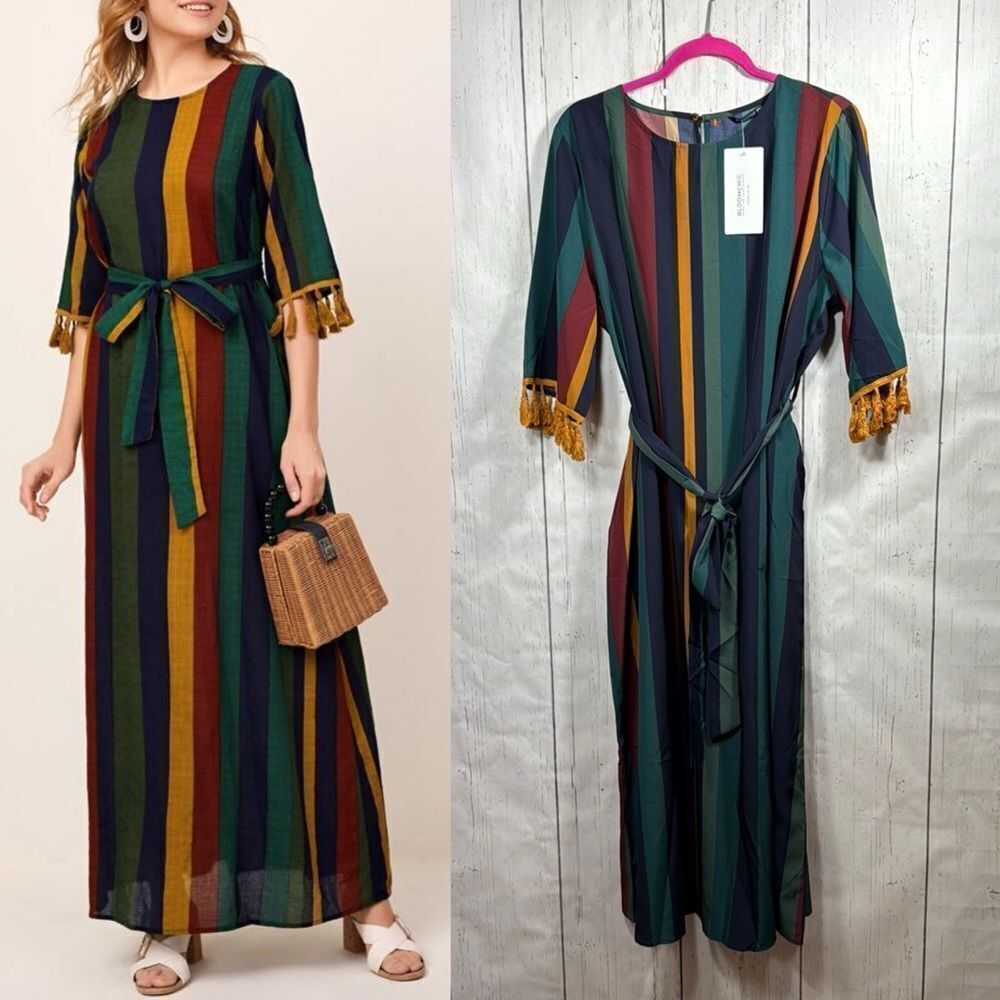 BloomChic Womens Multicolor Stripe Tassel Sleeve Maxi Dress Boho Fall NWT